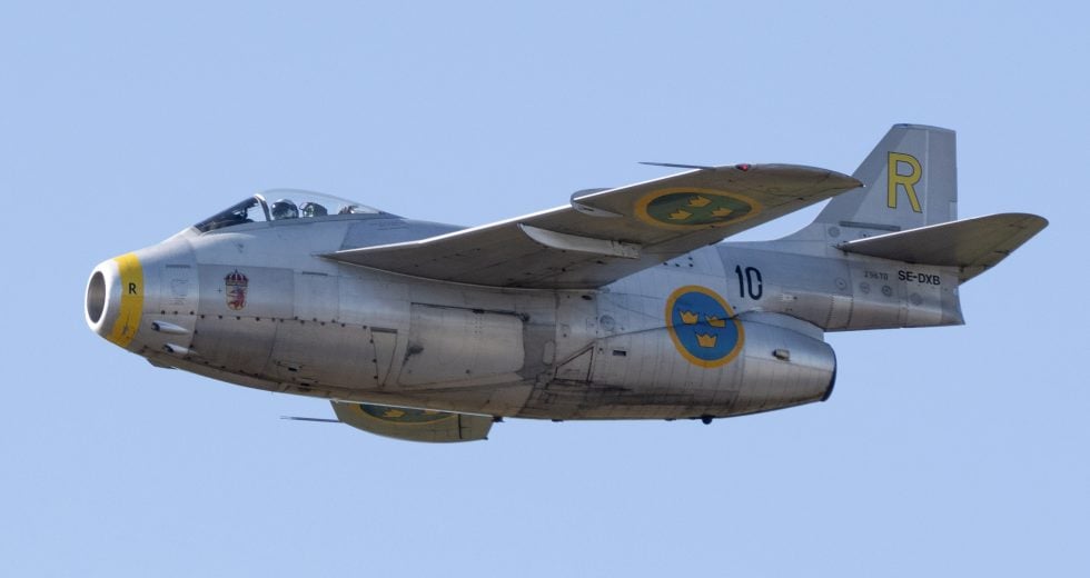 A Saab 29 Tunnan of the Swedish Air Force Historic Flight airborne  the last flying barrel.