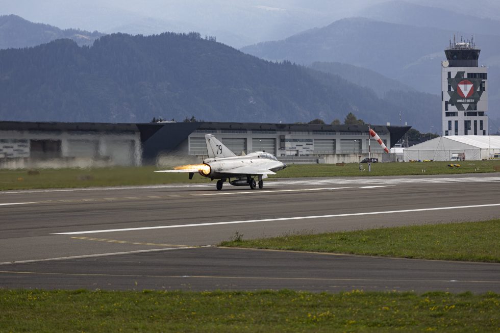 Full afterburner on take-off  the licensed Avon and Swedish reheat pushing the Draken skyward.
