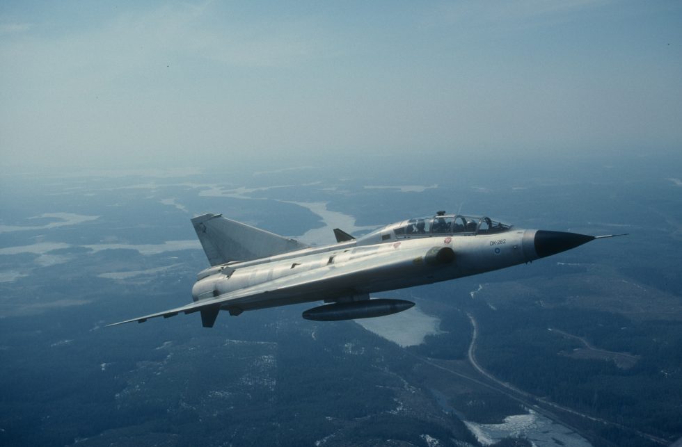 A Finnish Air Force two-seat Draken over the lakes  Finland flew the type until 2000.