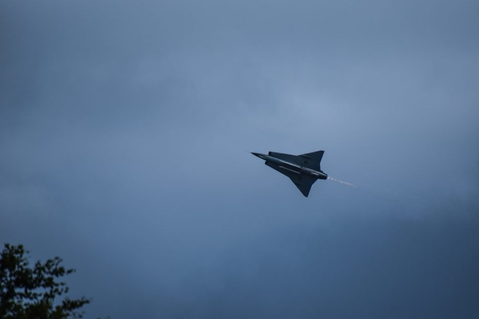 A Swedish Air Force J 35J Draken airborne  the double-delta that guarded neutral Sweden for four decades.