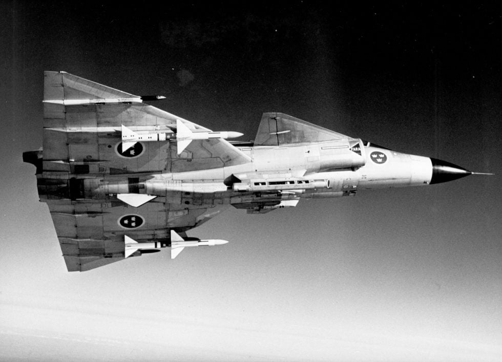 A preserved Viggen airframe  the shape that patrolled Swedens skies for three decades.