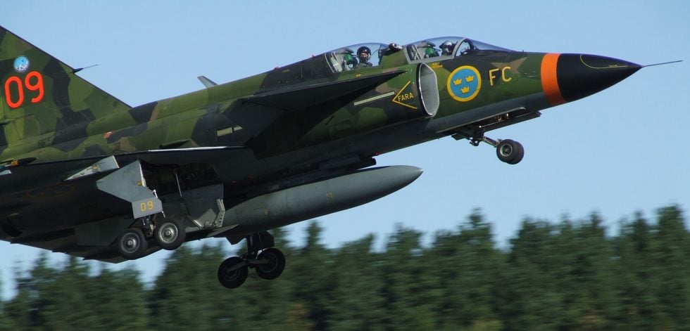 A two-seat SK 37 trainer, with its raised second cockpit for the instructor.