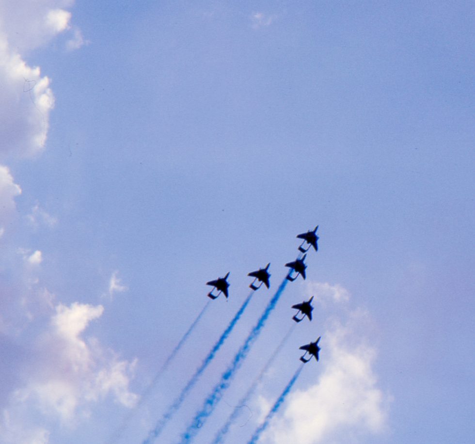 Royal Navy Sea Vixen FAW.1s in formation  the twin-boom planform seen from below.