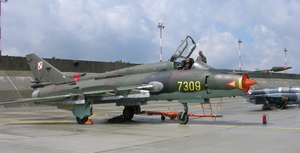 A Polish Su-22M-4 with wings spread forward  the low-speed setting for takeoff and landing.