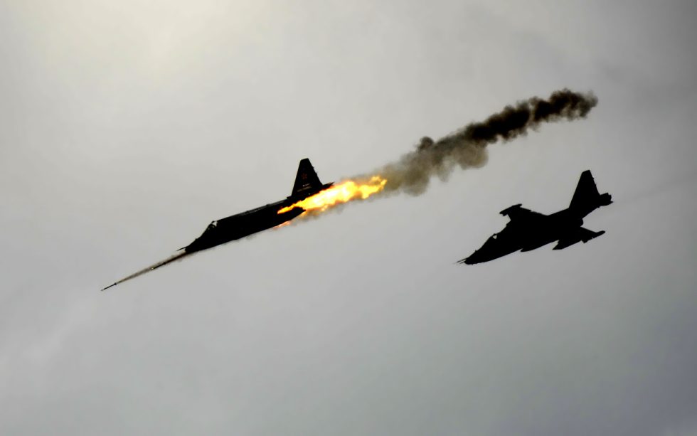 A Su-25 salvoes unguided rockets during a live-fire exercise  the Frogfoots core mission.
