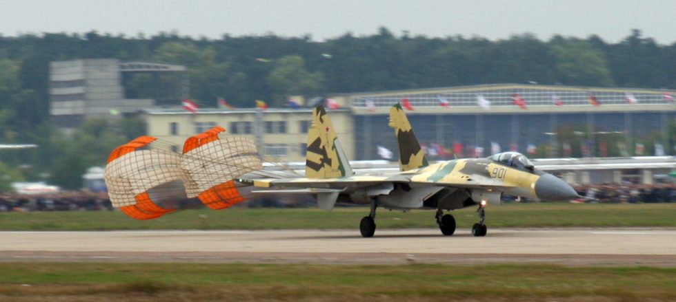 The Su-35 at an airshow, showing off the manoeuvrability that made its name.