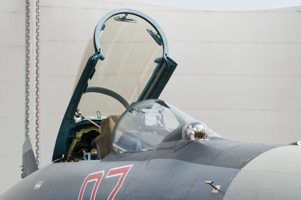 The Su-35S glass cockpit, seen at the Paris Air Show 2013.