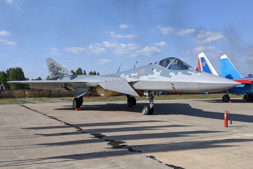 A Su-57 on static display its main weapons are carried internally between the engines.