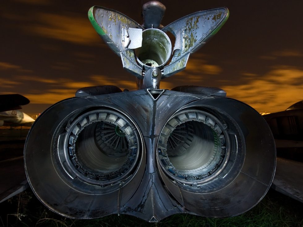 The twin afterburning nozzles  two Tumansky turbojets mounted side by side in the tail.