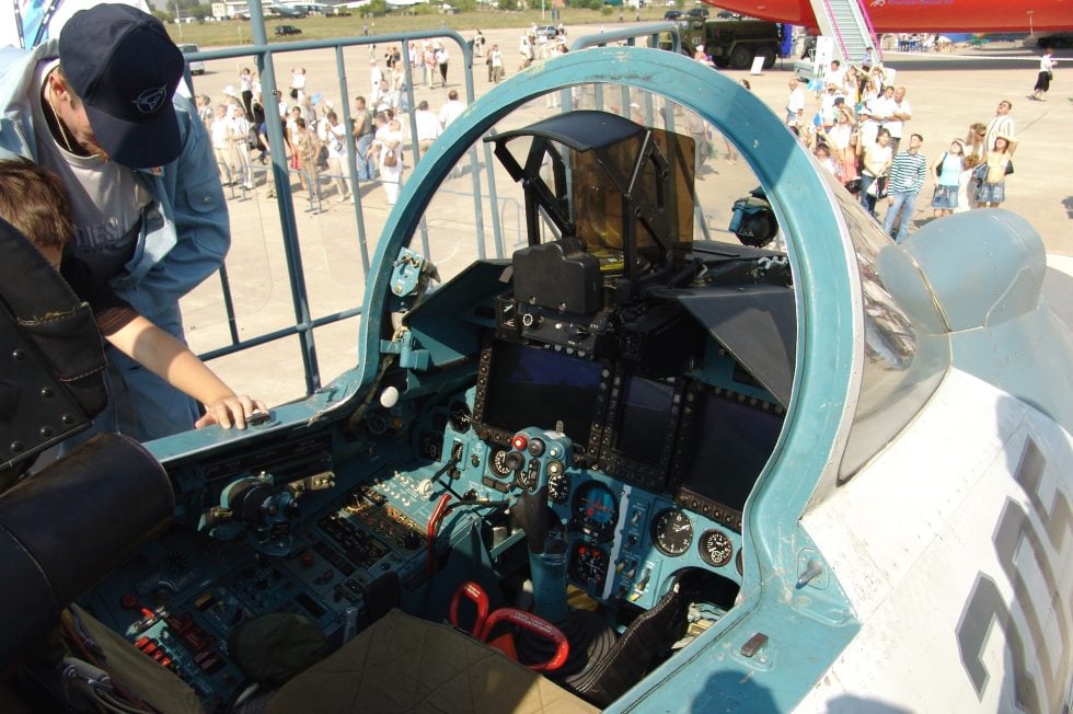 Inside the cockpit of a Sukhoi Su-27 Flanker.