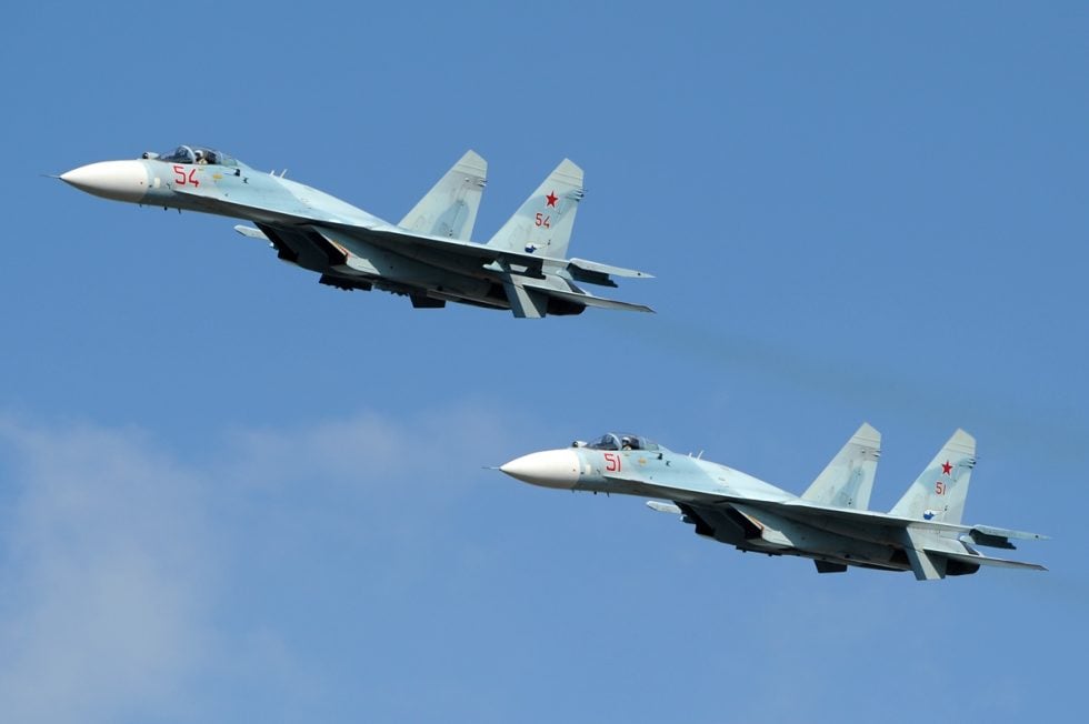 A Russian Air Force Su-27SM3 armed with air-to-air missiles.
