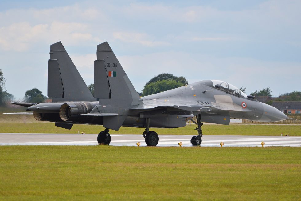 A Su-30MKI in side profile note the foreplane canards ahead of the wing roots.