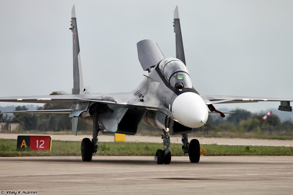 A Russian Su-30SM on show at MAKS the type famous for post-stall airshow displays.