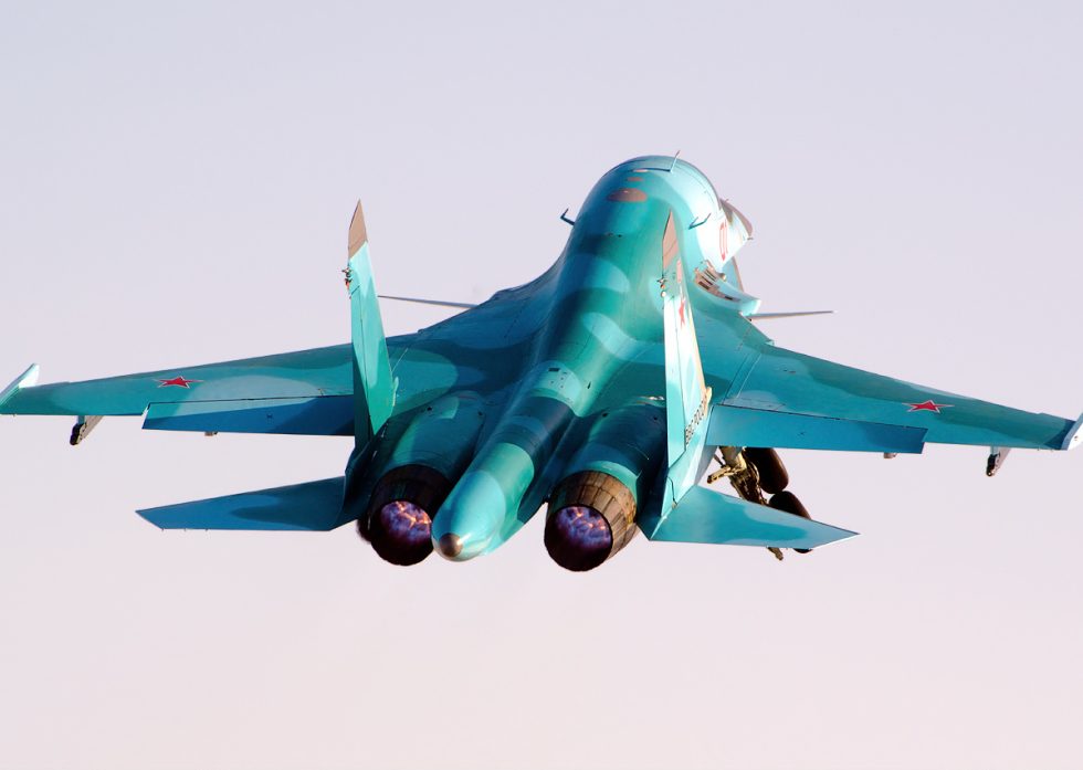 A Su-34 lifting off on afterburner  two AL-31FM1 turbofans at work.