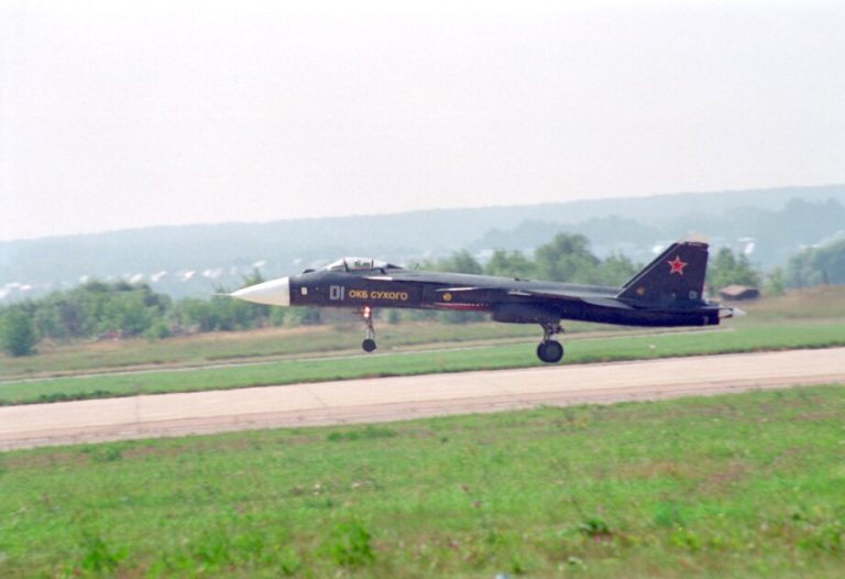 The S-37 demonstrator airborne during early flight testing  the forward-swept wings that define the type.
