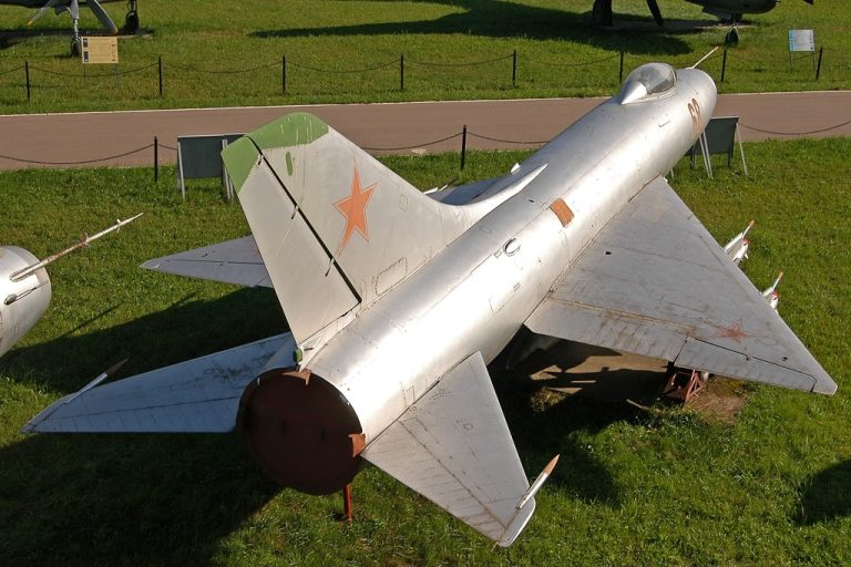 A Su-9 preserved at Monino the delta planform and tail seen from behind.