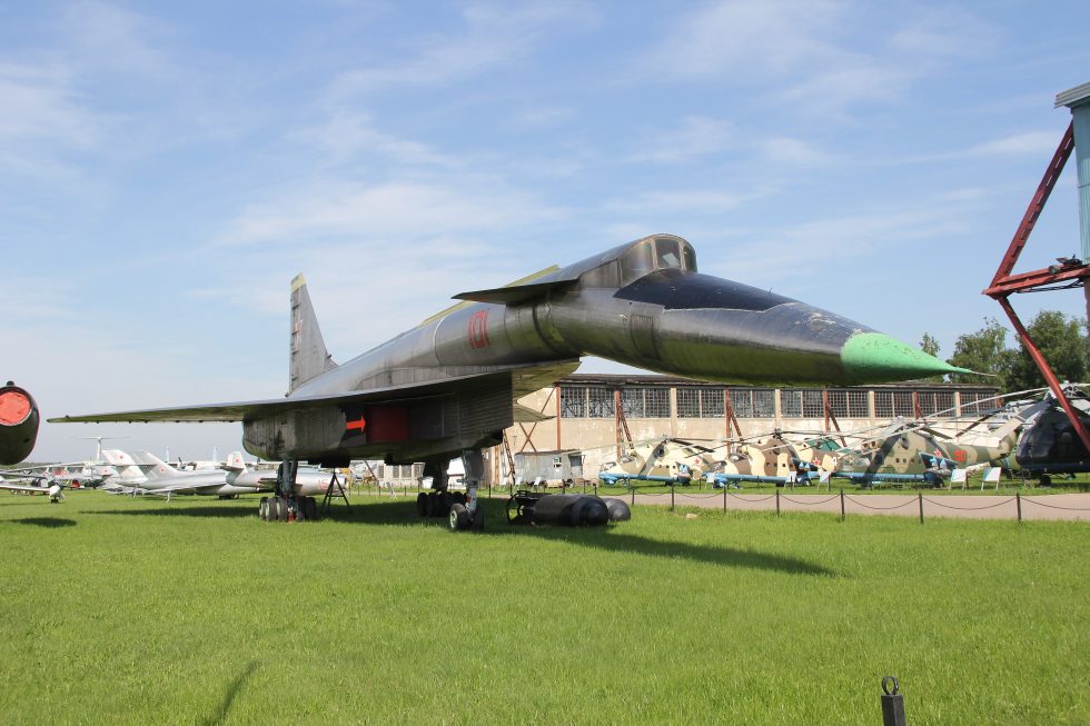 A low front view of the cranked delta wing and canards that gave the T-4 its shape.
