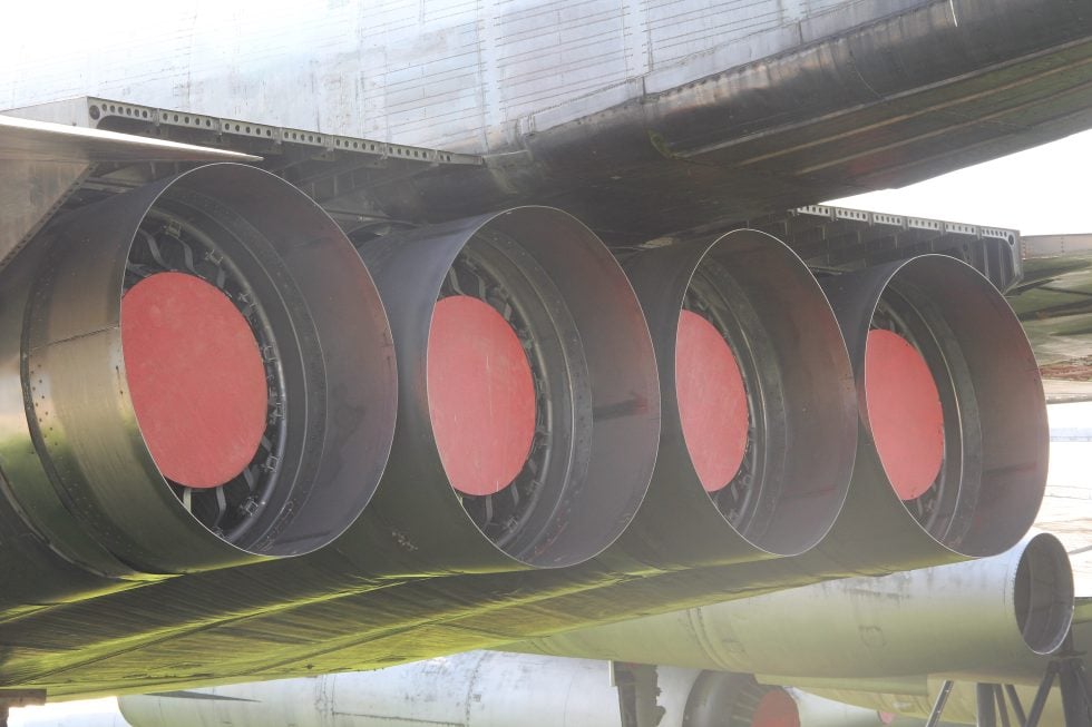 The four Kolesov RD36-41 engine nozzles packed together under the rear fuselage.