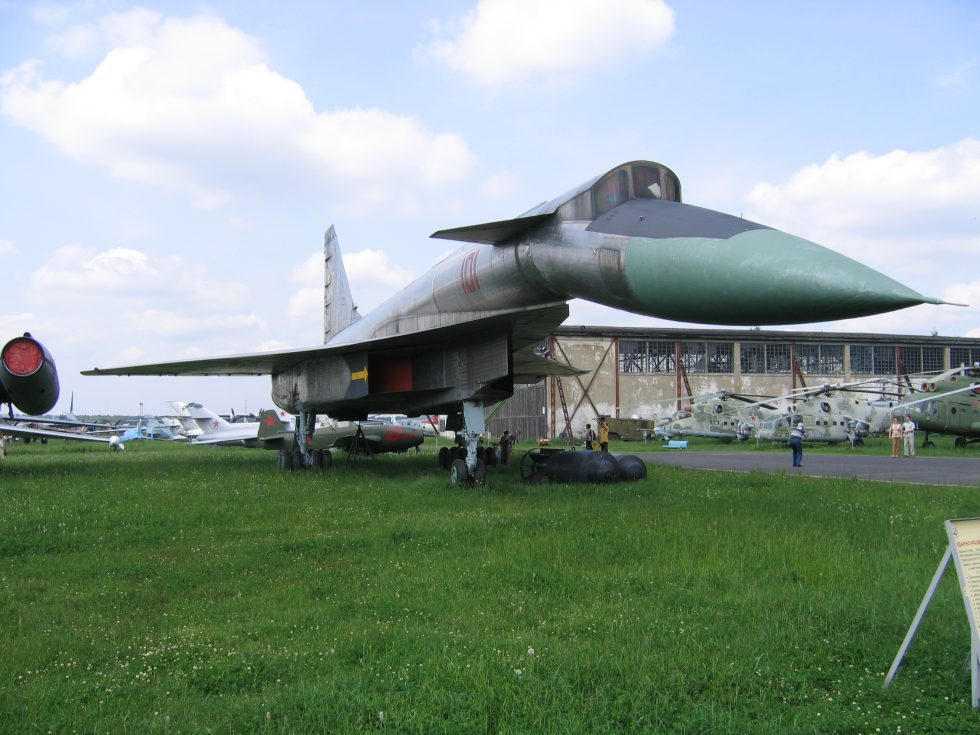 The sole Sukhoi T-4 prototype seen from the front a slender titanium canard delta.