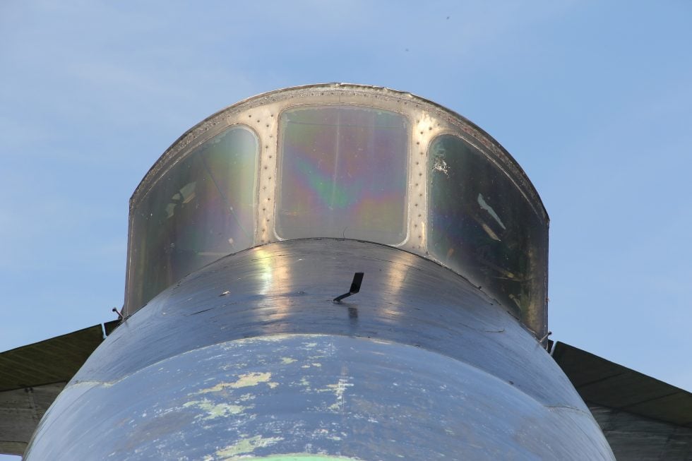 A close look at the long pointed nose, which drooped down for takeoff and landing.