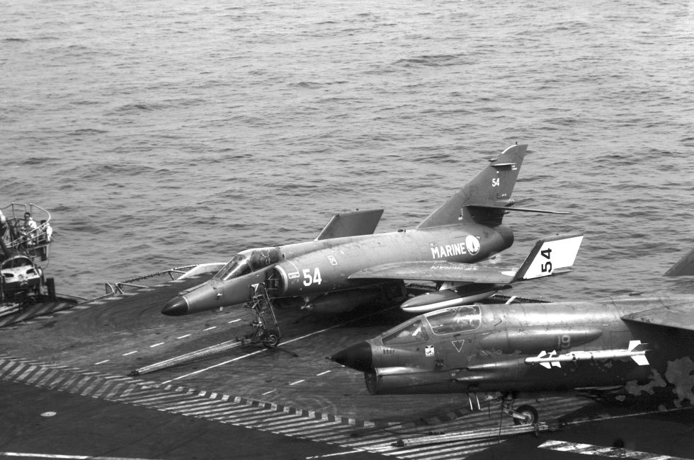 A Super Étendard on a carrier flight deck  the small decks it was designed to operate from.