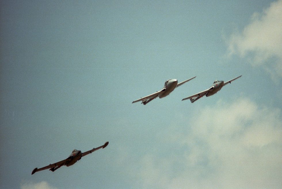 Swiss Air Force de Havilland Venoms and Vampires in formation in 1982, a year before the Venoms final retirement.