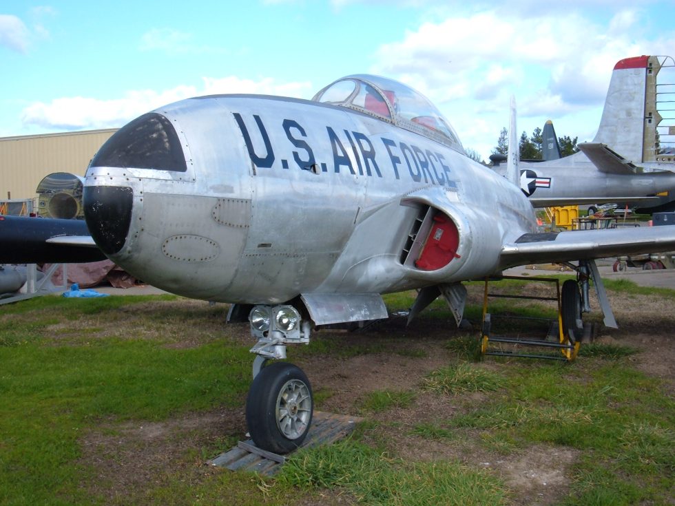 A T-33A Shooting Star on display at the Pacific Coast Air Museum, tip tanks and all.