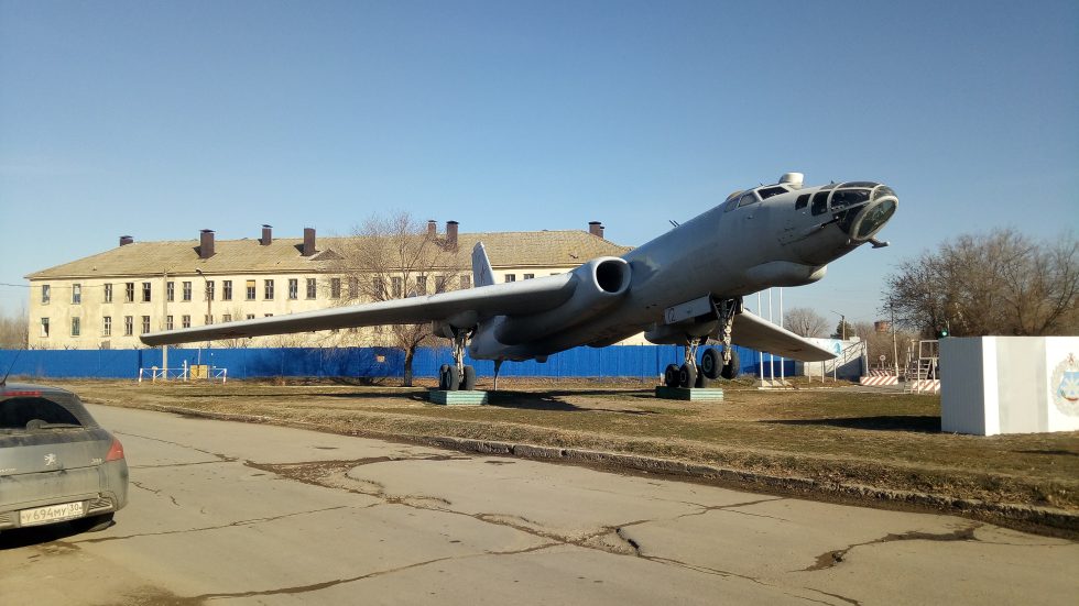 A preserved Tupolev Tu-16 on display at Akhtubinsk, Russia  the shape of the original 1950s bomber.