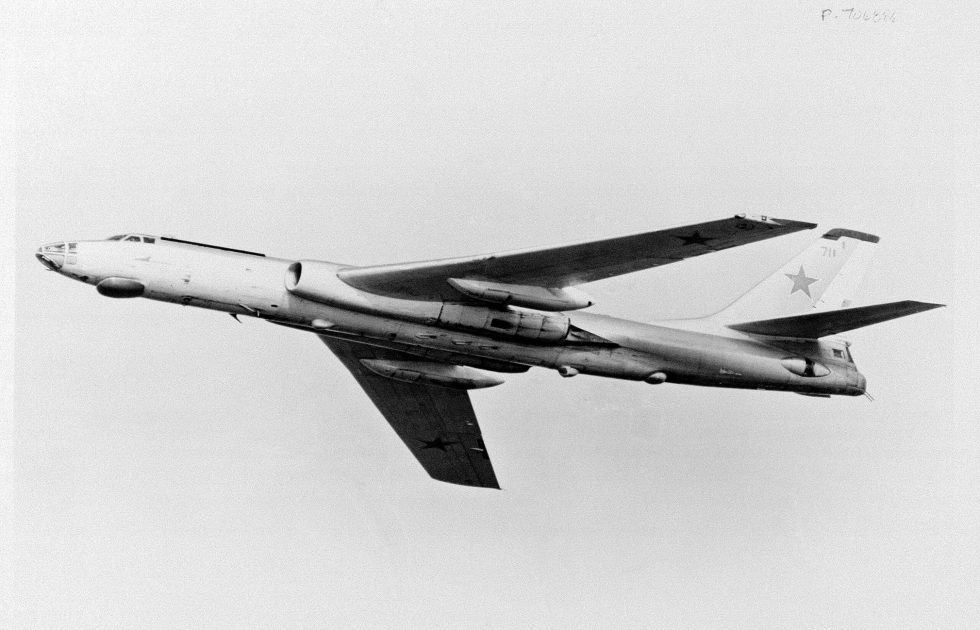 A Soviet Tu-16 Badger seen from below  the swept wing and wing-root engines that defined the type.