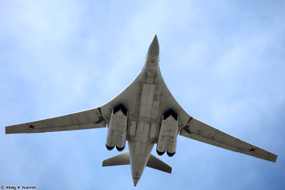 A Tu-160 in its white anti-flash finish over Moscow  the White Swan.
