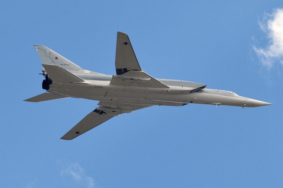 A Tu-22M3 banking away the long fuselage and twin engines are clear.