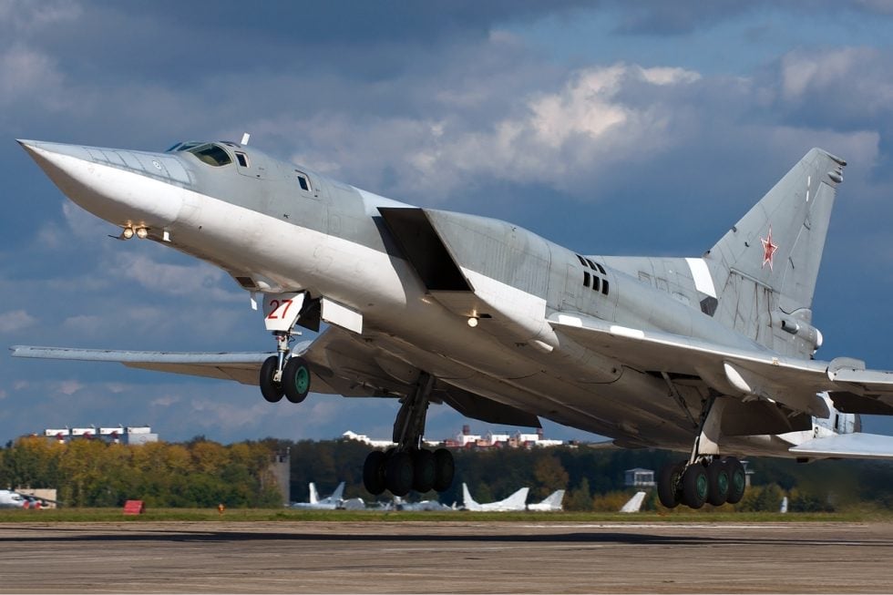 A Russian Air Force Tu-22M3 on takeoff, wings spread for lift.