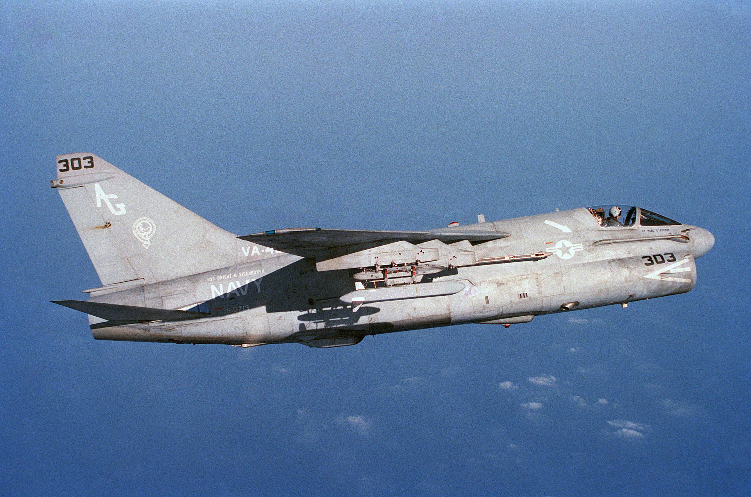 US Navy Vought A-7E Corsair II attack jet banking in flight