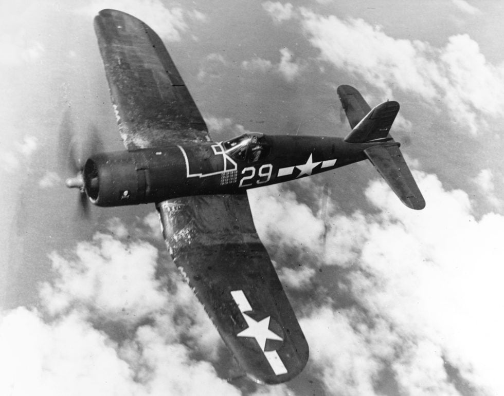 A Corsair of VF-17 in flight  the inverted gull wing that defined the type.
