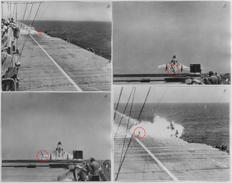 A landing signal officer waves a Cutlass aboard nose reared high on its tall gear, the praying mantis stance.
