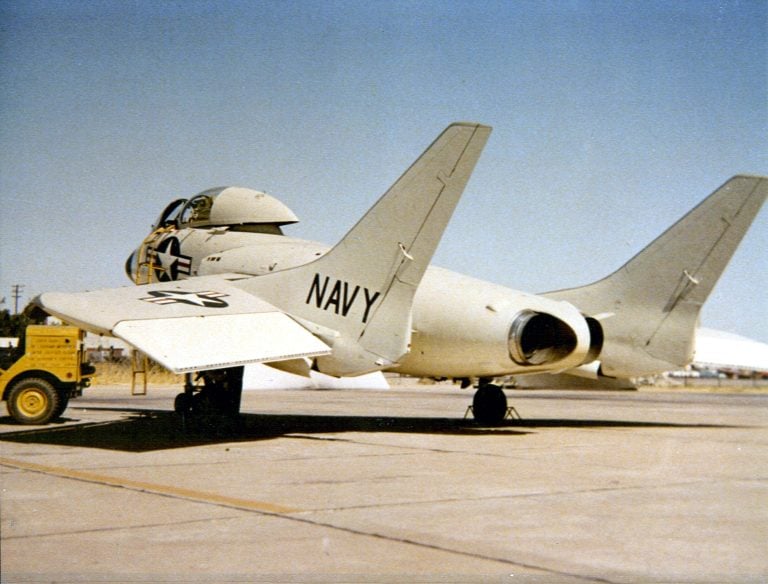 A Vought F7U Cutlass parked on deck, c1956 the low, wide, tailless carrier fighter at rest.