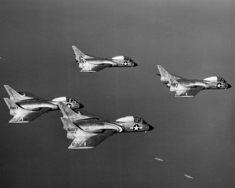 F7U-3 Cutlasses of squadron VF-81 in formation, 1954 the broad swept wing and twin fins.