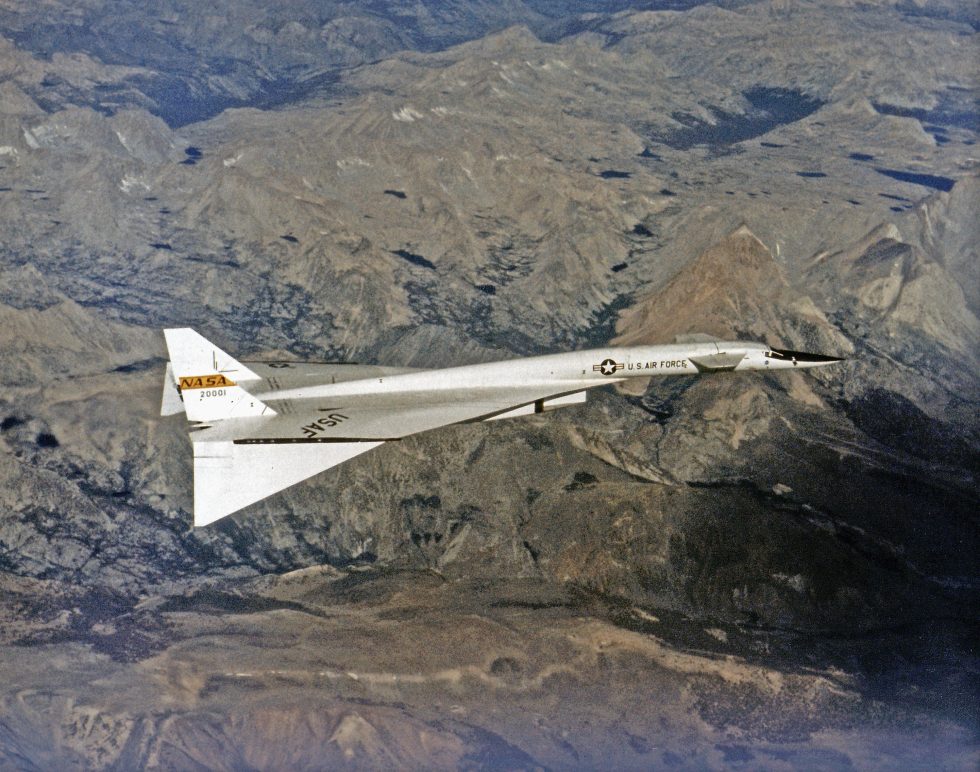 Seen from above with its outer wing panels drooped  the folding tips that trapped the shock wave.