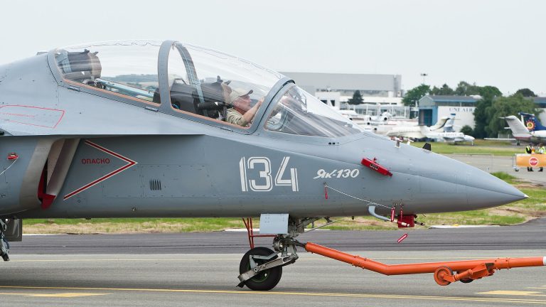 A head-on view showing the Yak-130s intakes and leading-edge root extensions.