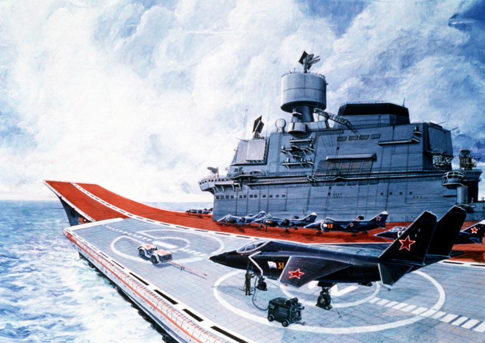 A Yak-41/Yak-141 on the deck of a Soviet aircraft carrier during the types brief shipboard trials.