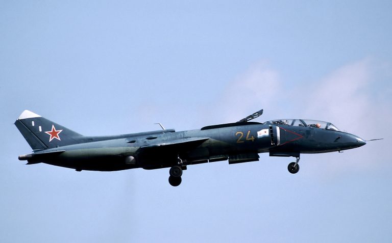 The two-seat Yak-38U Forger-B trainer, with its stepped tandem cockpit.