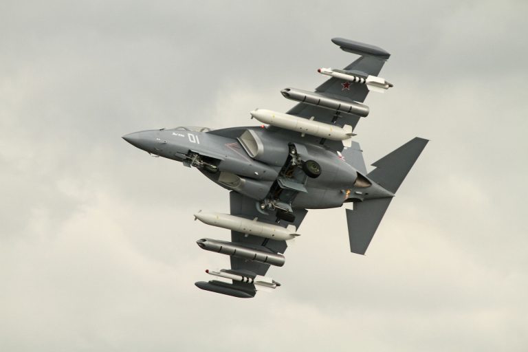 A Yakovlev Yak-130 Mitten advanced jet trainer in flight.