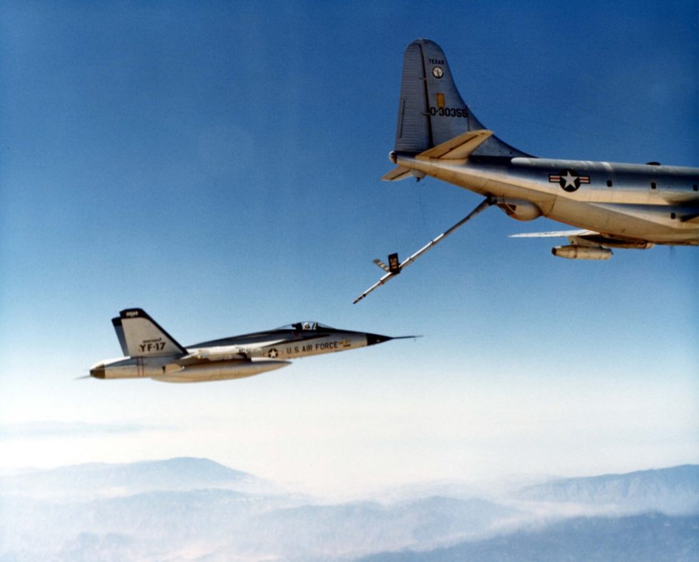 A YF-17 taking on fuel from a KC-97 tanker during the 197475 flight-test programme at Edwards Air Force Base.