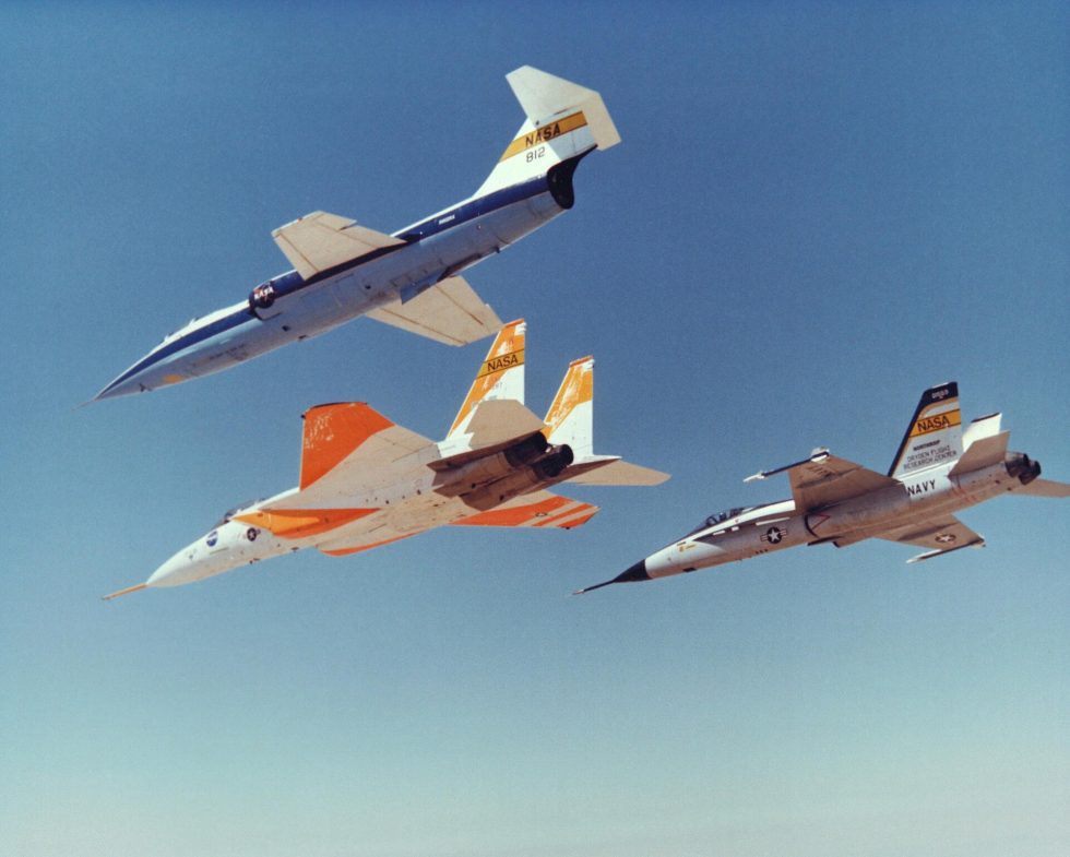 A NASA research formation  the YF-17 flies alongside an F-104 and an F-15, part of the flight-test work that followed the fly-off.