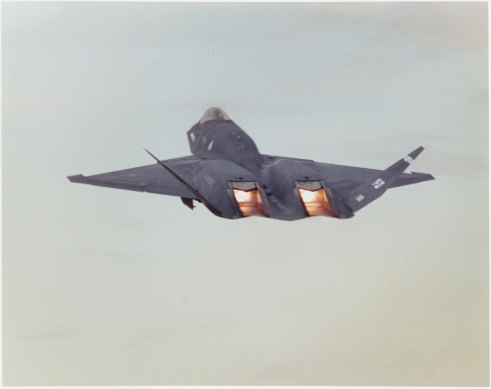 A YF-23 climbing on full afterburner the type supercruised near Mach 1.6 without reheat and dashed close to Mach 1.8.