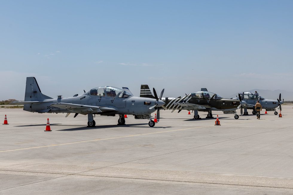 A-29 Super Tucanos in formation on a ferry flight  a Brazilian design assembled in the United States.