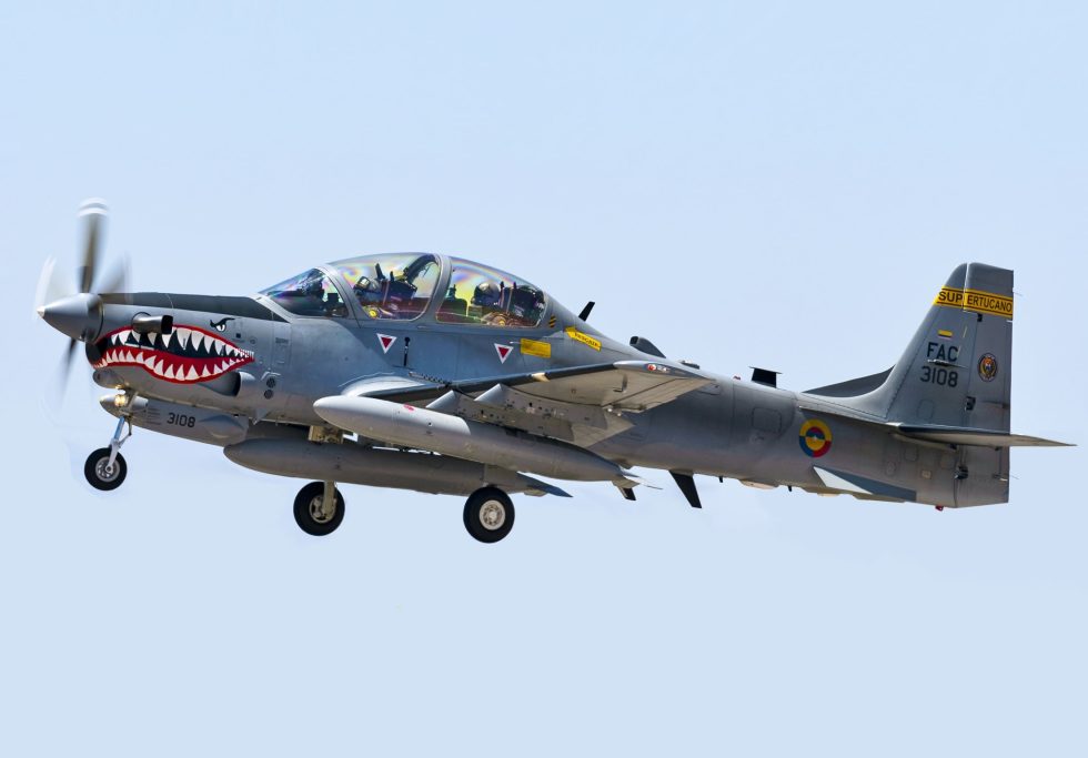 A Colombian Air Force A-29B on takeoff  an early combat operator against the FARC.