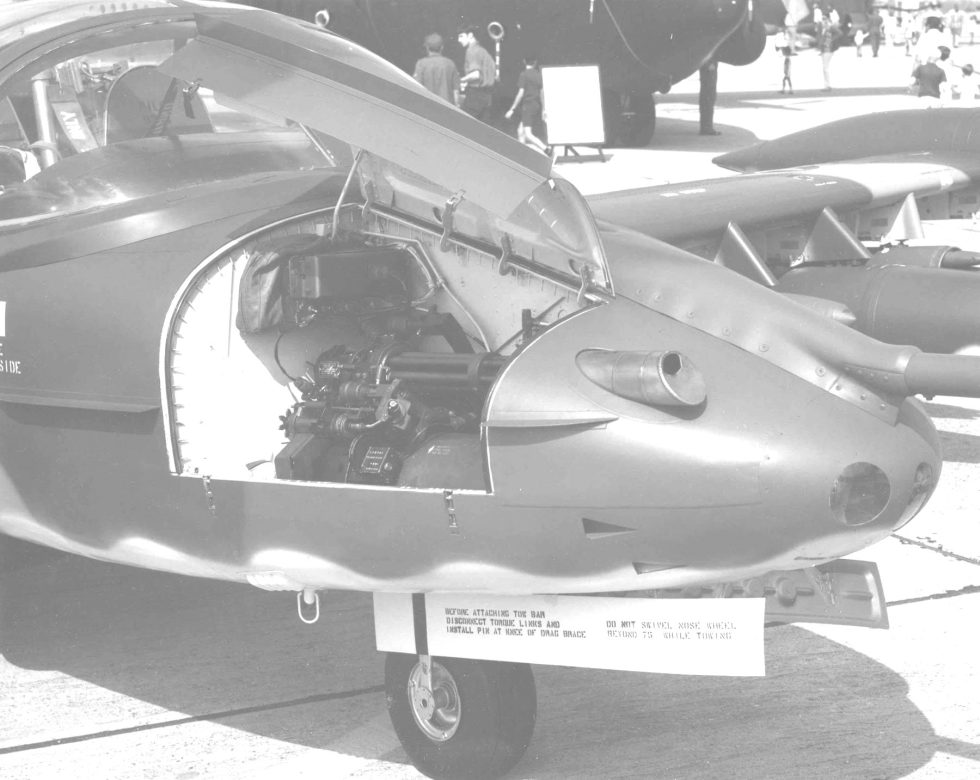 The nose-mounted GAU-2 7.62mm minigun  the Dragonflys built-in gun.