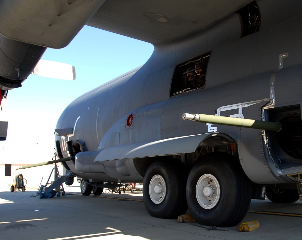 The 30 mm side-firing cannon of an AC-130U Spooky II gunship.