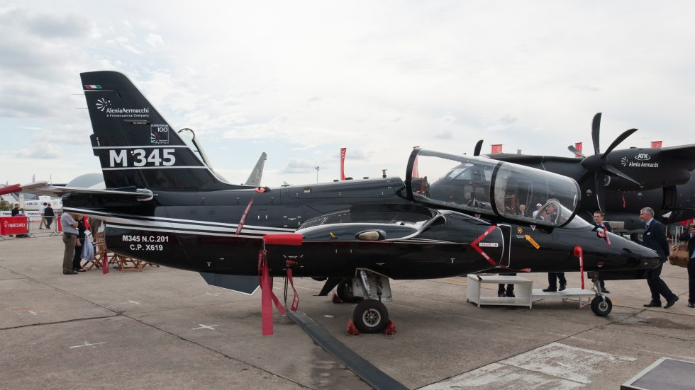 The black M-345 prototype CPX619 at the 2013 Paris Air Show.
